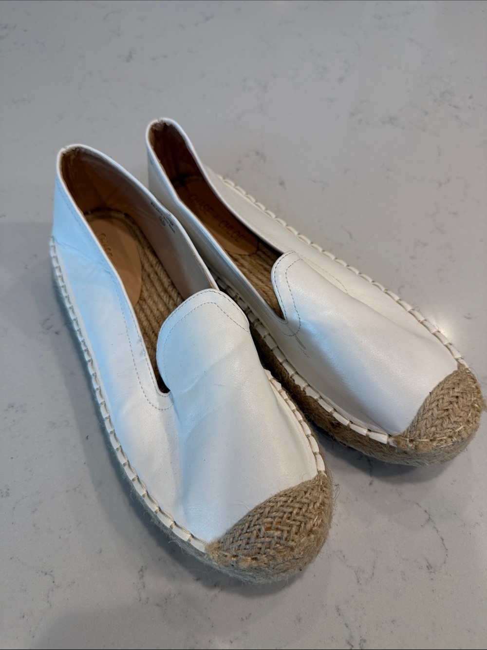 Chase + Chloe White Leather Espadrille Slip-On with Jute Cap Toe